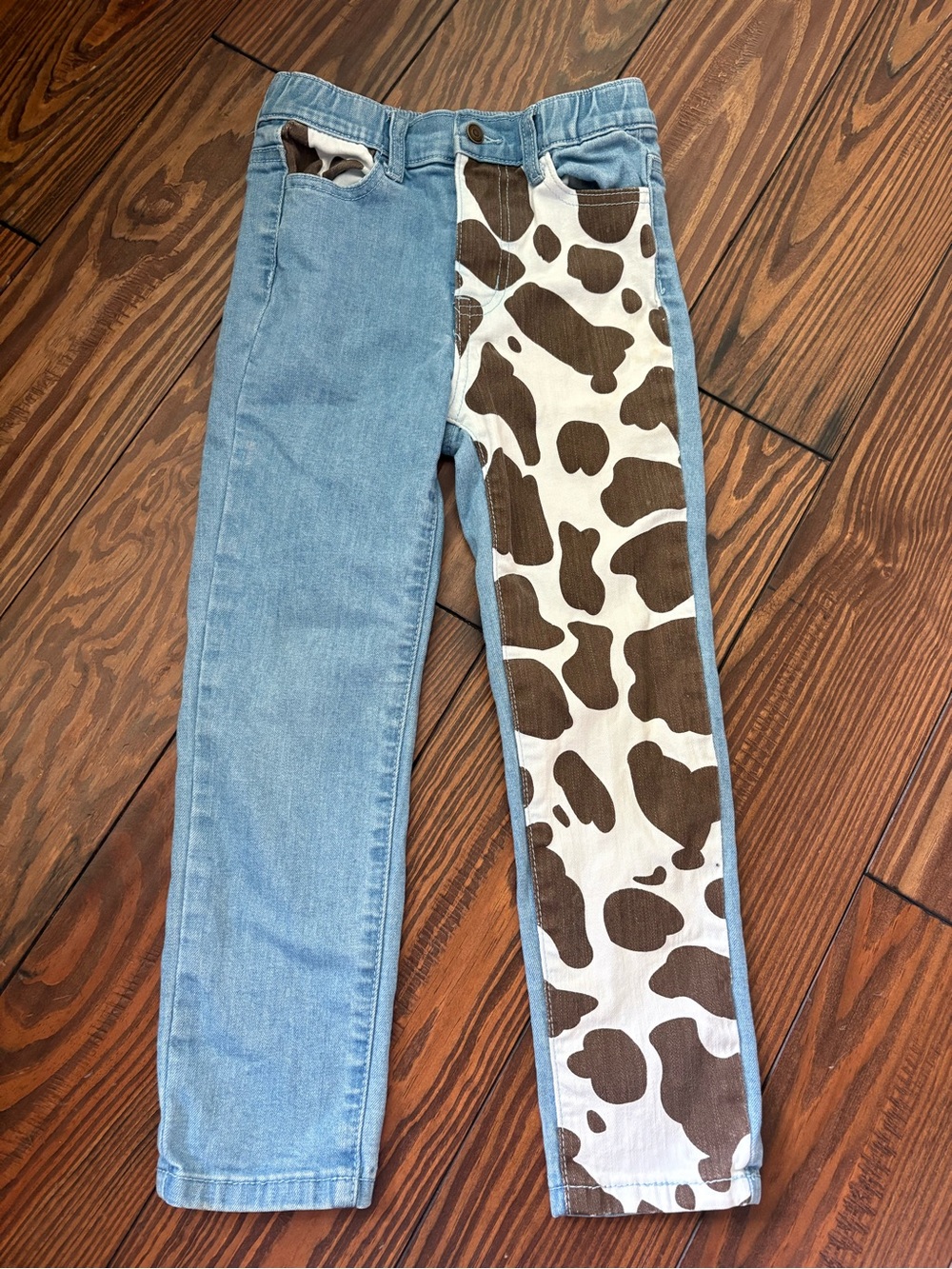 Two-Tone Cow Print Panel Jeans - Light Blue & Brown